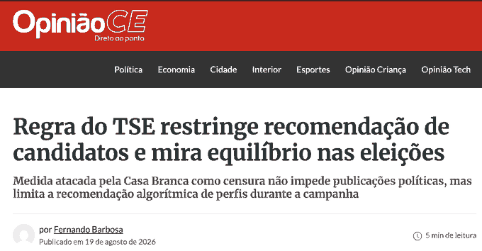 Manchete do OpiniãoCE: Regra do TSE restringe recomendação de candidatos e mira equilíbrio nas eleições